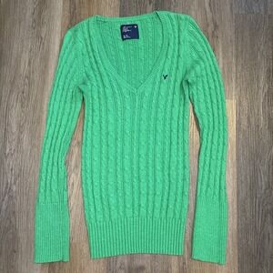 American Eagle Y2K‎ Sweater Women's XL Shamrock Green Cable Knit Fitted V Neck
